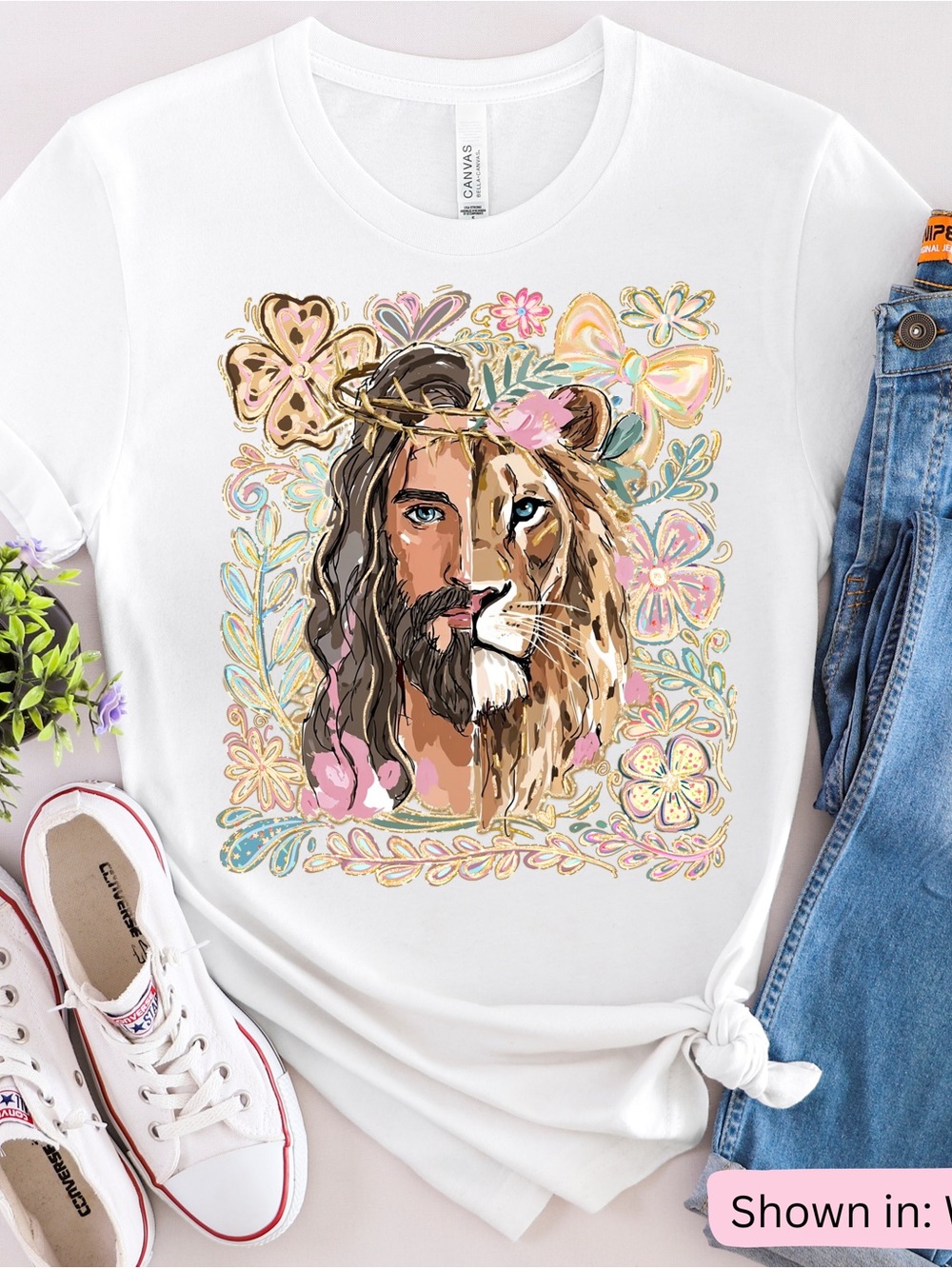 White Graphic Jesus Lion Split Face Tee- Bella Canvas Tee
